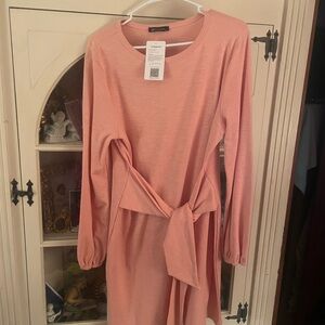 Pink Tie Front Sheath Dress with Bishop Sleeves